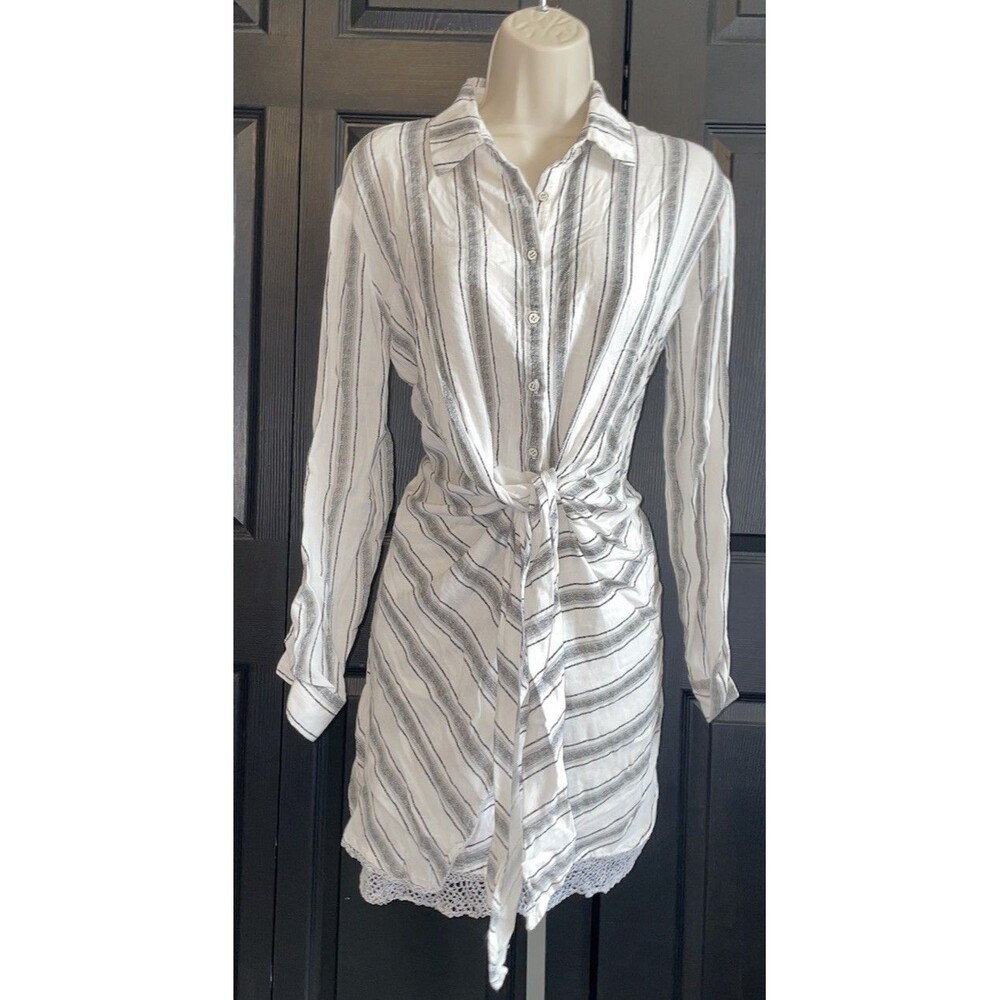 Alythea White Black Striped Tie Waist Shirt Dress S
